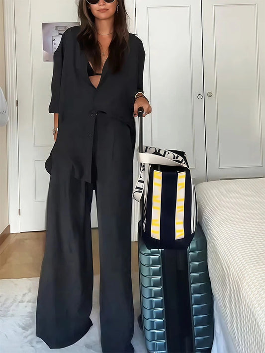 Uzun Kol Gömlek & Yüksek Bel Geniş Paça Pantolon Takım