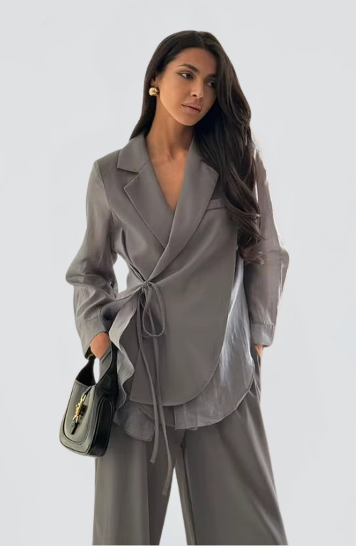 Şifon Detaylı Bağcıklı Gömlek & Pantolon Takım