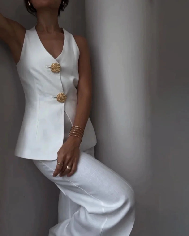 V Yaka Yelek & Geniş Paça Yüksek Bel Pantolon Takım