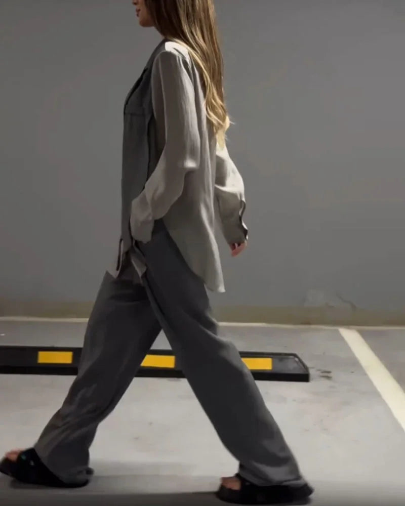 Şifon Detaylı Bağcıklı Gömlek & Pantolon Takım