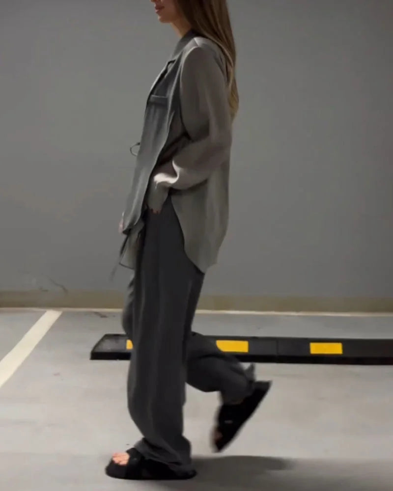 Şifon Detaylı Bağcıklı Gömlek & Pantolon Takım