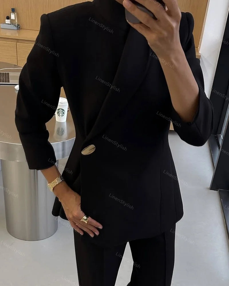 Şık Gold Düğme Detaylı Blazer Ceket & Pantolon Takım