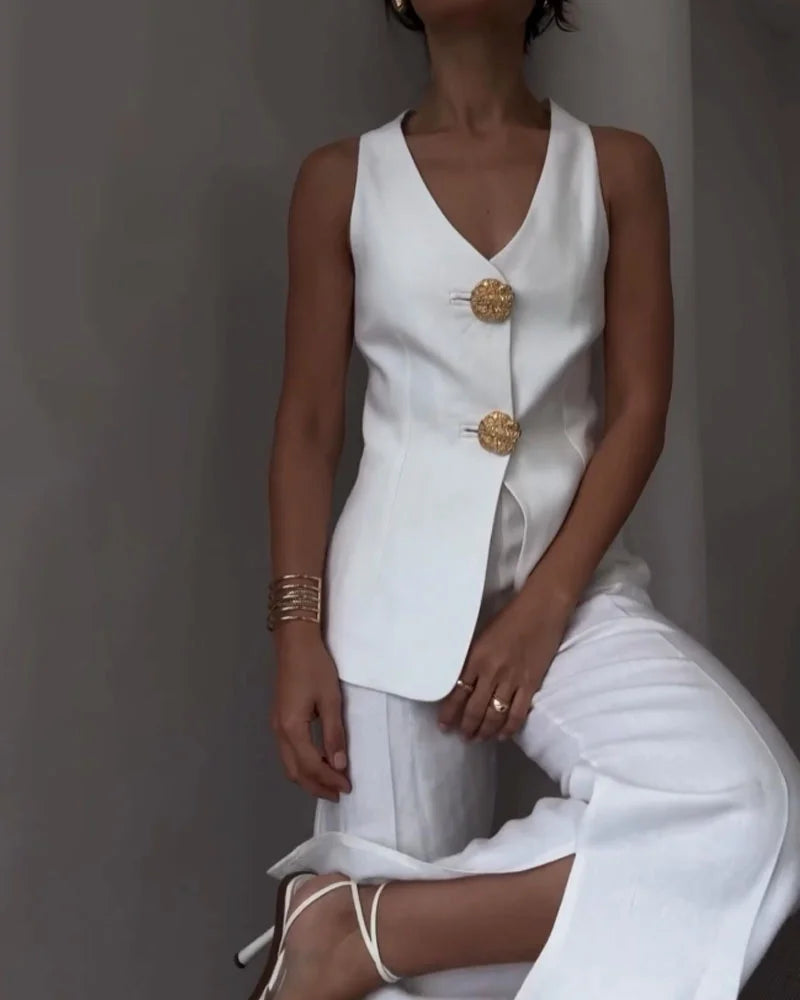 V Yaka Yelek & Geniş Paça Yüksek Bel Pantolon Takım