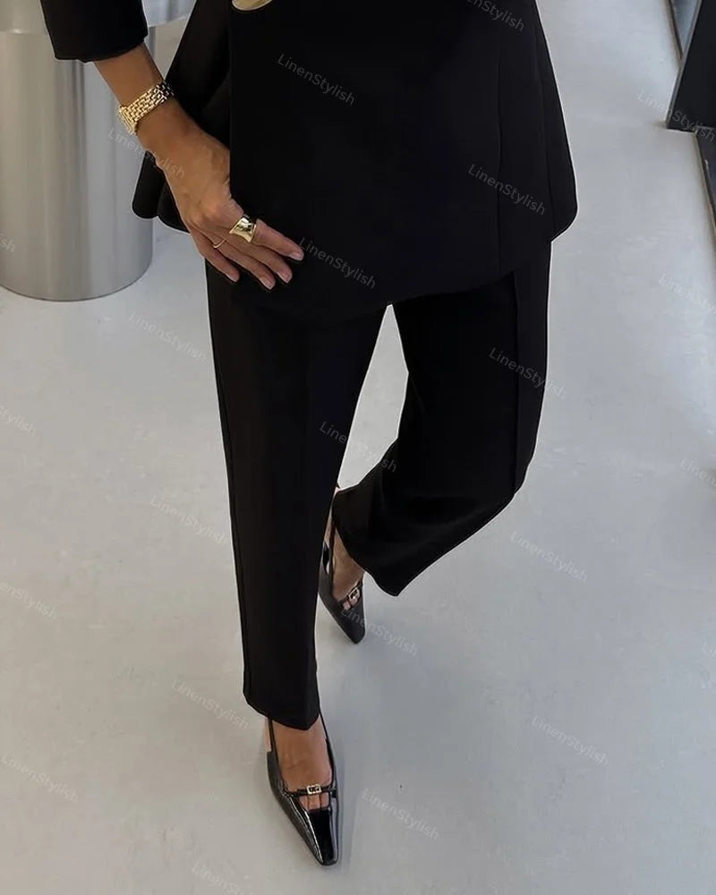 Şık Gold Düğme Detaylı Blazer Ceket & Pantolon Takım