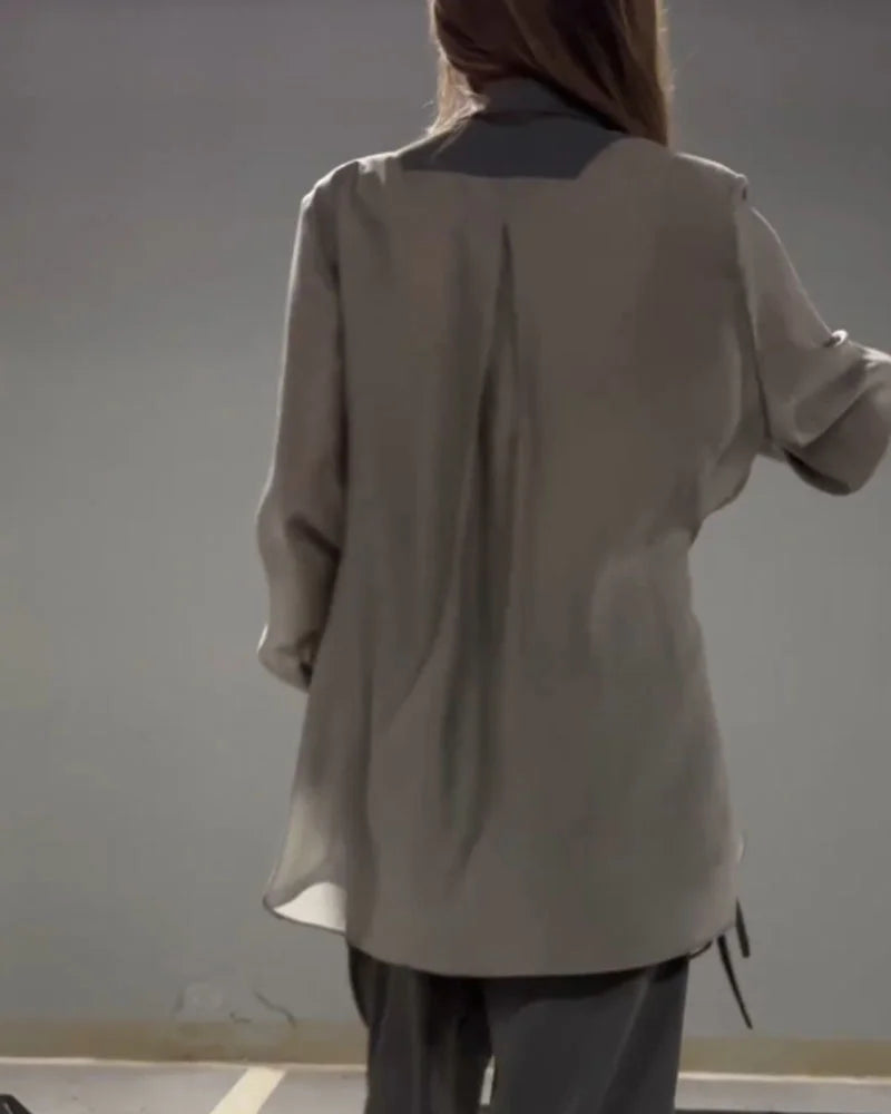 Şifon Detaylı Bağcıklı Gömlek & Pantolon Takım