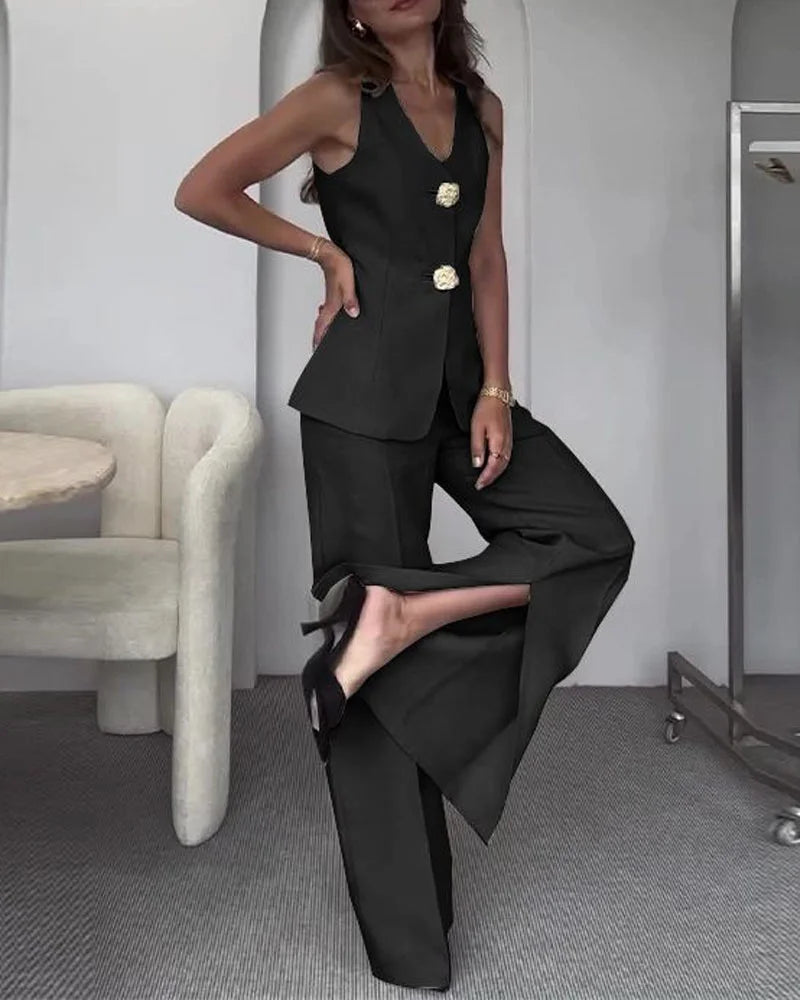 V Yaka Yelek & Geniş Paça Yüksek Bel Pantolon Takım