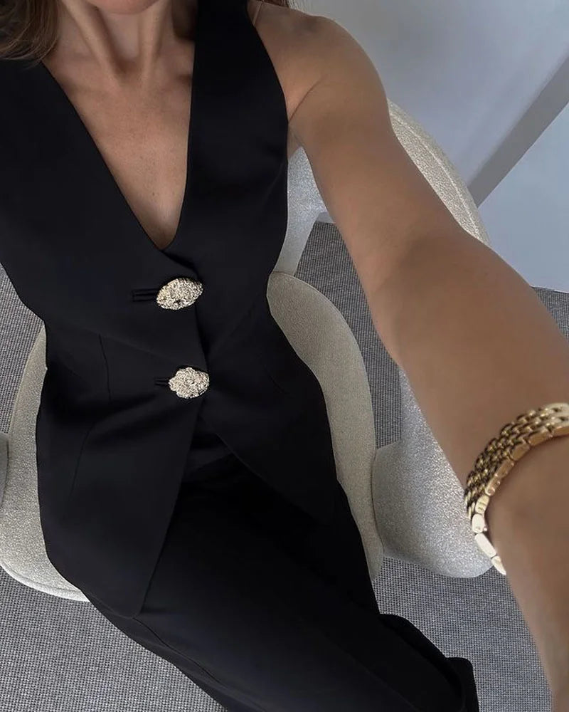 V Yaka Yelek & Geniş Paça Yüksek Bel Pantolon Takım