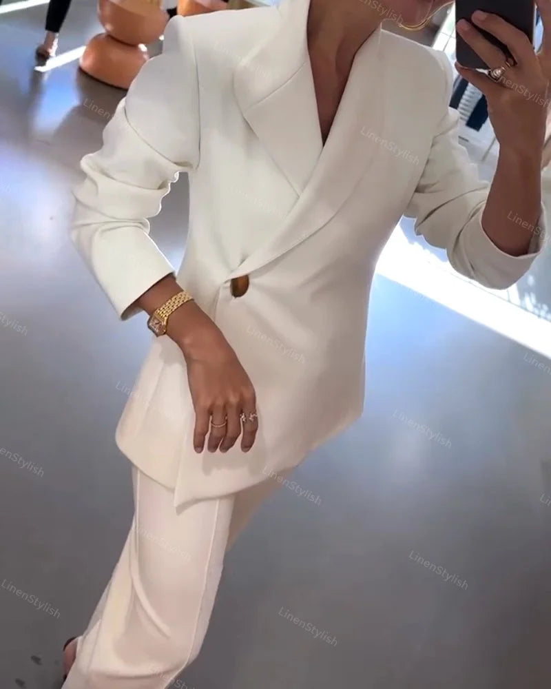 Şık Gold Düğme Detaylı Blazer Ceket & Pantolon Takım