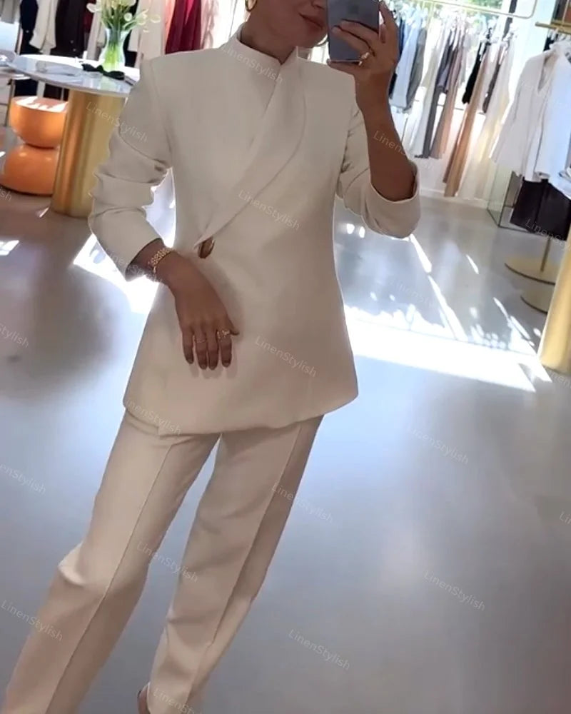 Şık Gold Düğme Detaylı Blazer Ceket & Pantolon Takım