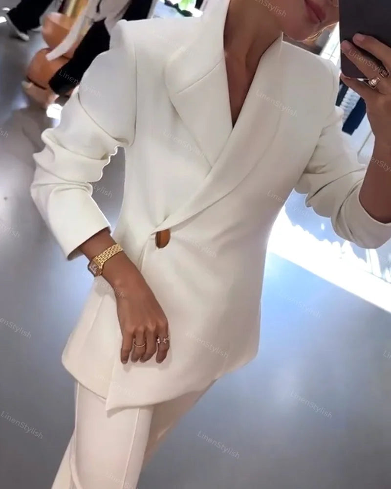 Şık Gold Düğme Detaylı Blazer Ceket & Pantolon Takım