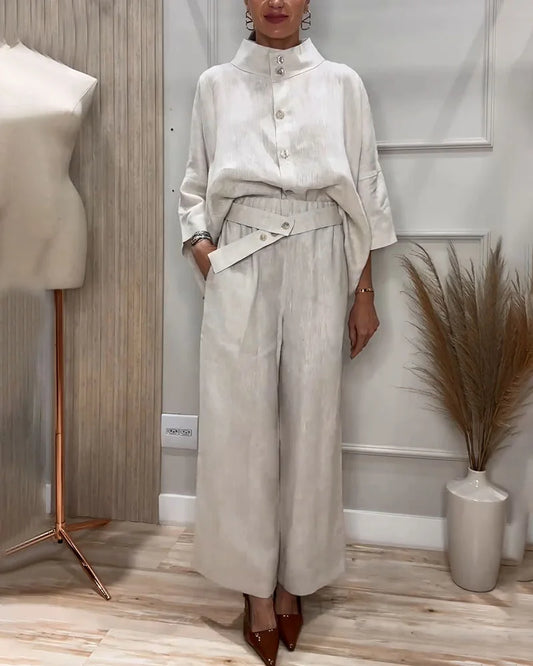 Dik Yaka Tasarım 2 Parçalı Keten Takım