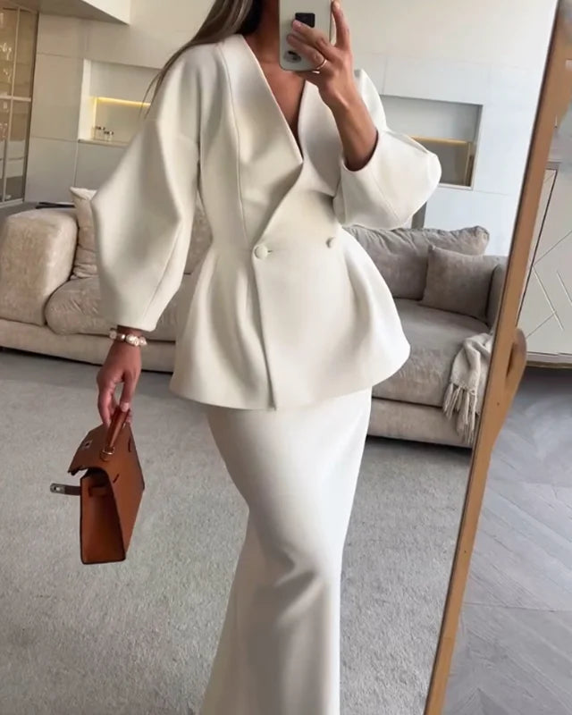 V Yaka Şık Blazer Ceket & Midi Etek Takım