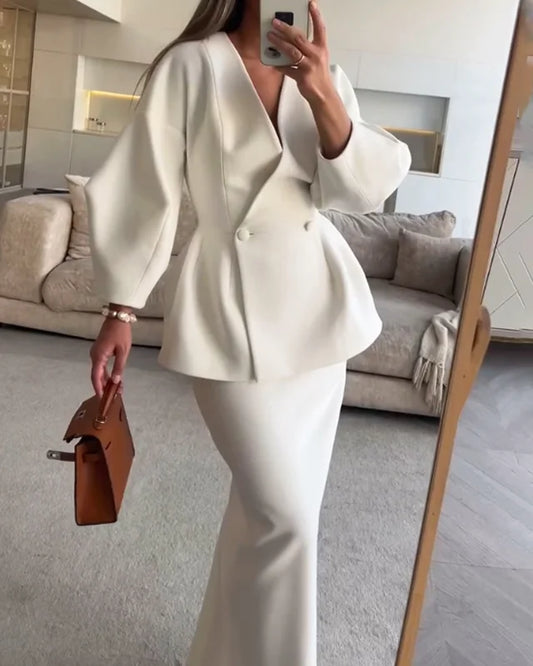 V Yaka Şık Blazer Ceket & Midi Etek Takım