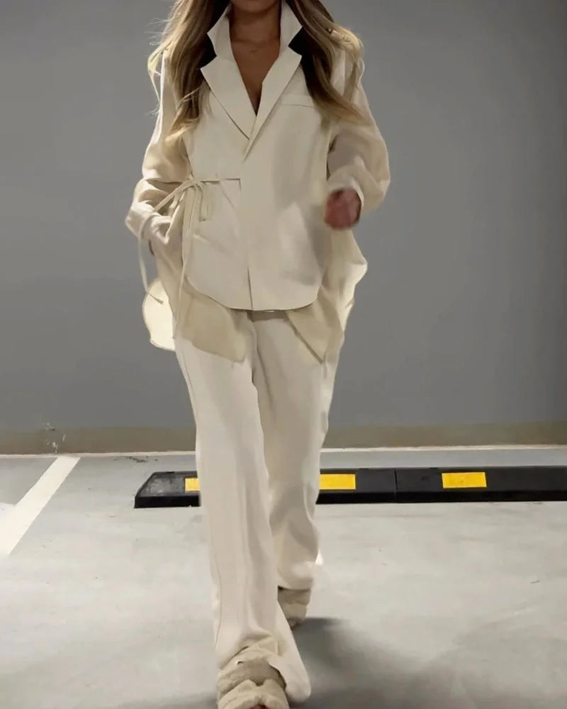 Şifon Detaylı Bağcıklı Gömlek & Pantolon Takım