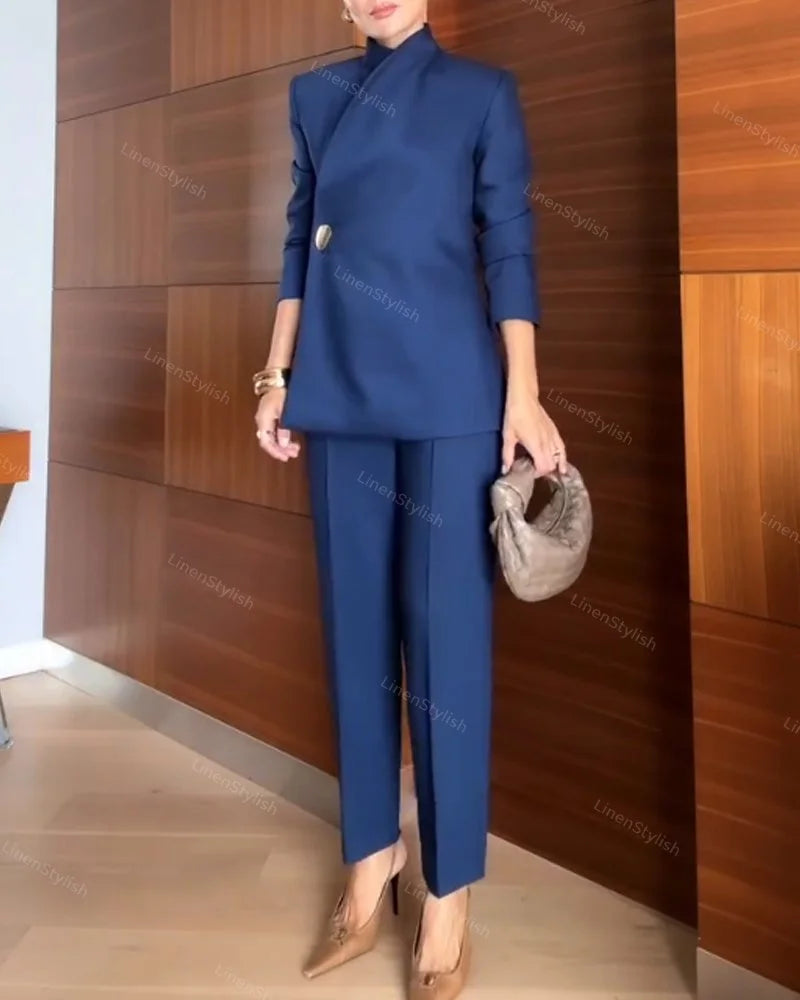 Şık Gold Düğme Detaylı Blazer Ceket & Pantolon Takım