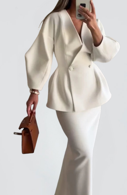 V Yaka Şık Blazer Ceket & Midi Etek Takım