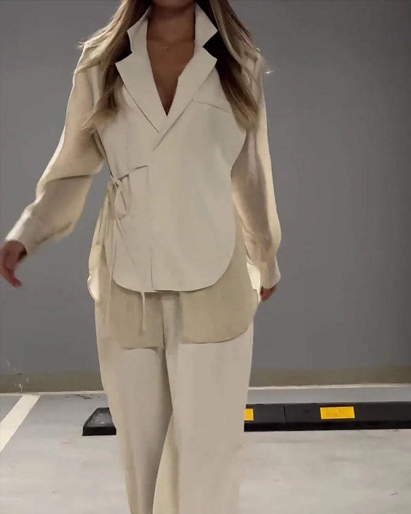 Şifon Detaylı Bağcıklı Gömlek & Pantolon Takım