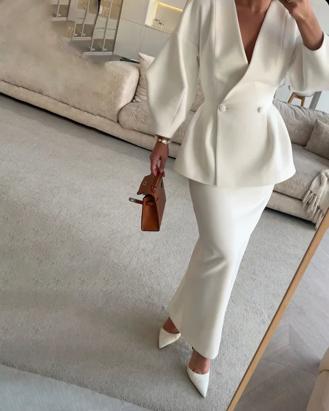 V Yaka Şık Blazer Ceket & Midi Etek Takım