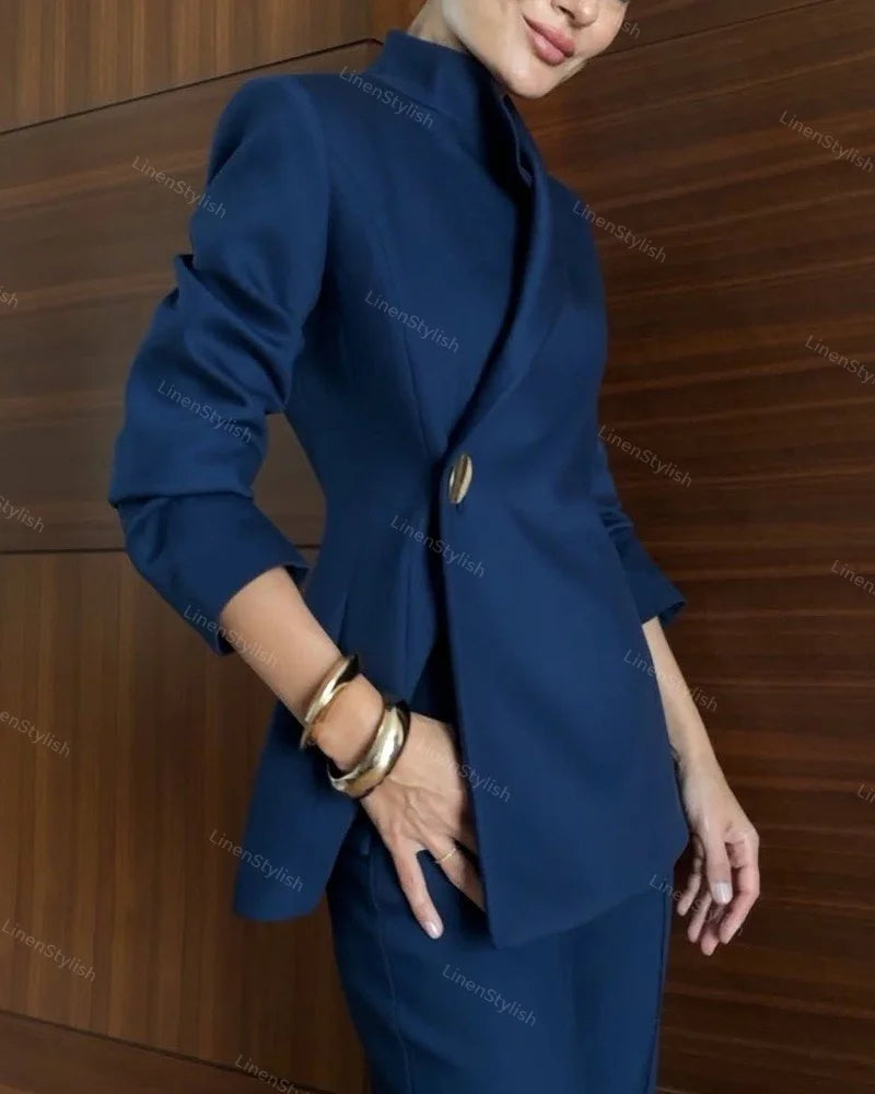 Şık Gold Düğme Detaylı Blazer Ceket & Pantolon Takım