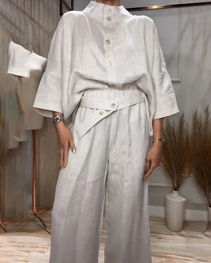 Dik Yaka Tasarım 2 Parçalı Keten Takım