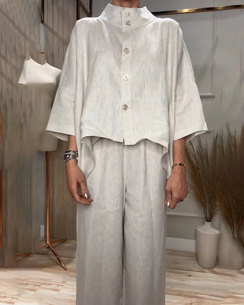 Dik Yaka Tasarım 2 Parçalı Keten Takım