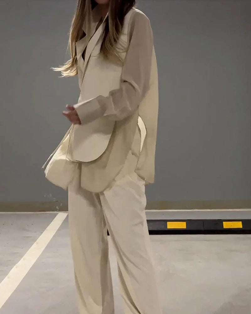 Şifon Detaylı Bağcıklı Gömlek & Pantolon Takım