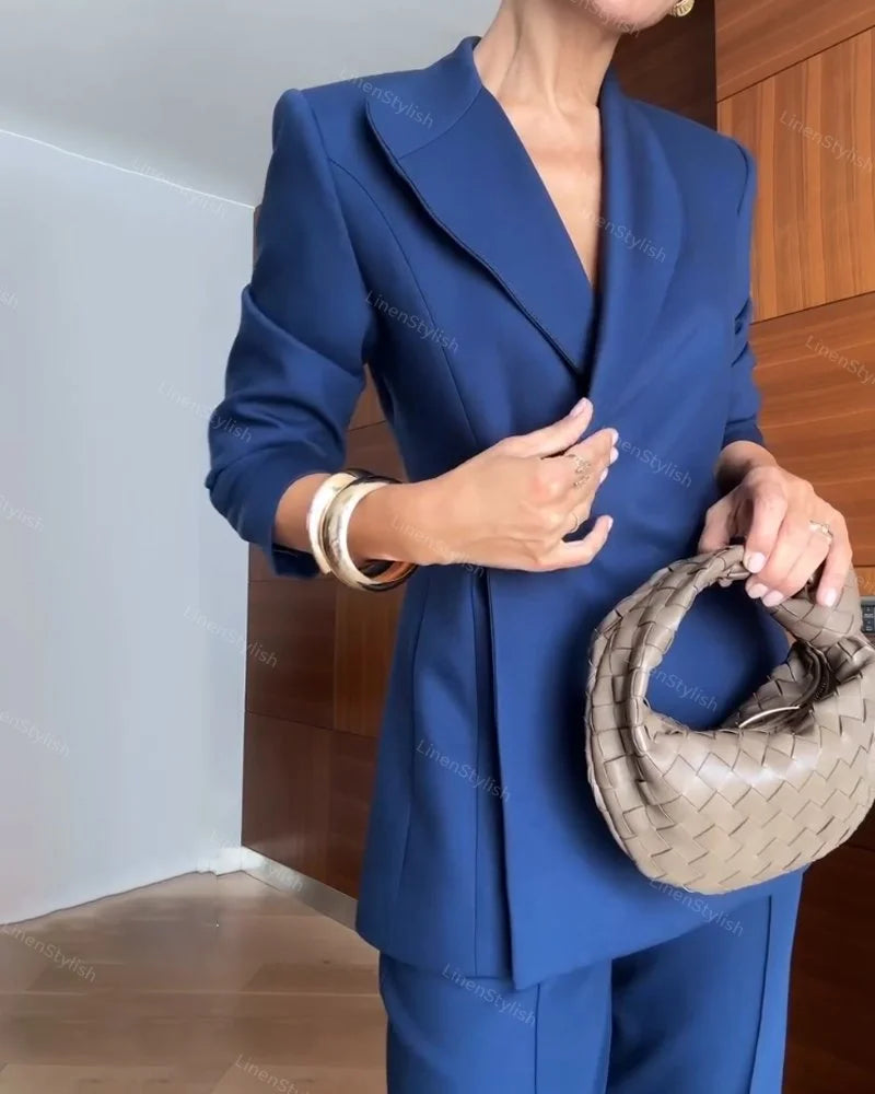 Şık Gold Düğme Detaylı Blazer Ceket & Pantolon Takım