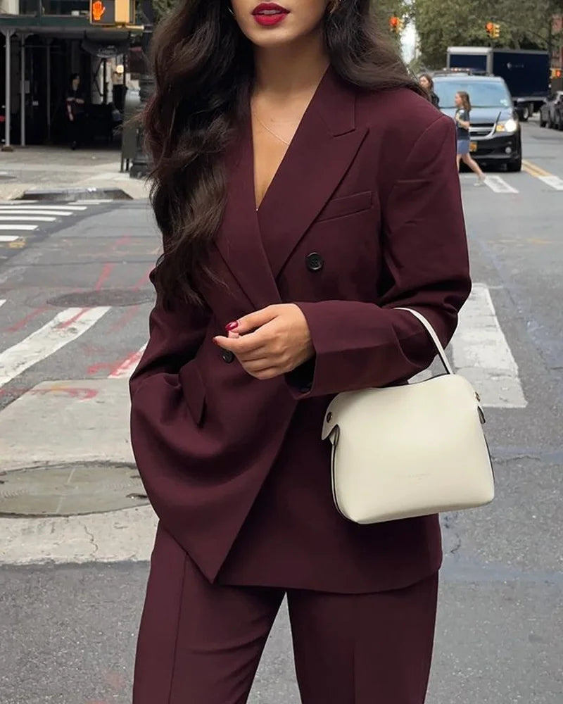 Kruvaze Blazer & Geniş Paça Pantolon Takım