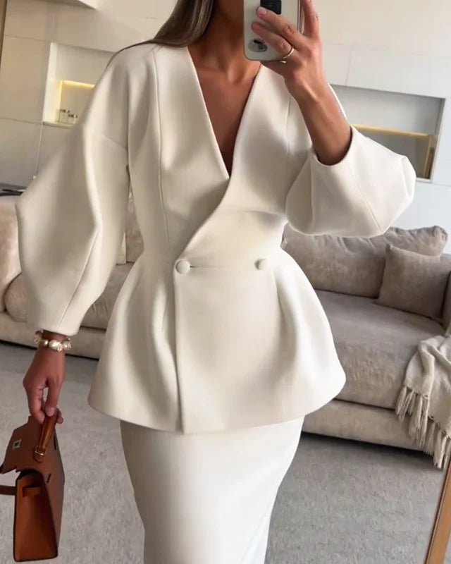 V Yaka Şık Blazer Ceket & Midi Etek Takım