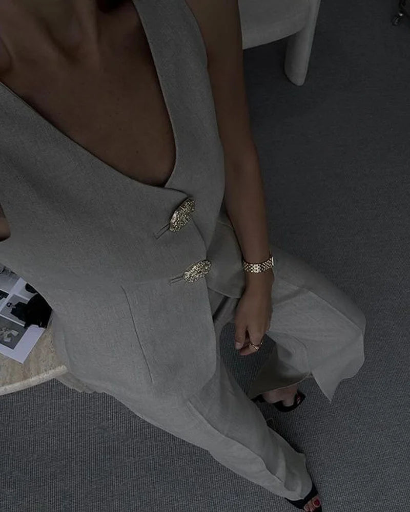 V Yaka Yelek & Geniş Paça Yüksek Bel Pantolon Takım