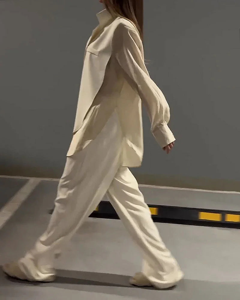 Şifon Detaylı Bağcıklı Gömlek & Pantolon Takım