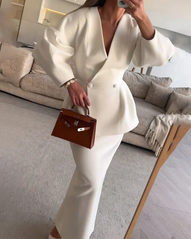 V Yaka Şık Blazer Ceket & Midi Etek Takım