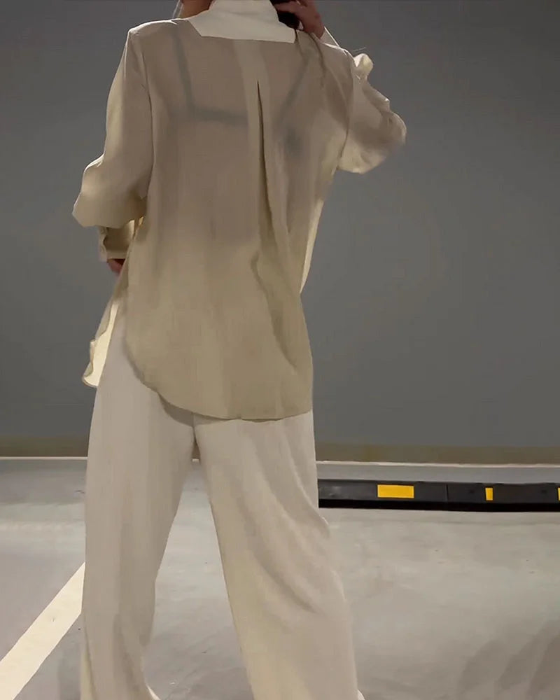 Şifon Detaylı Bağcıklı Gömlek & Pantolon Takım