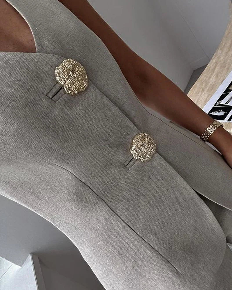 V Yaka Yelek & Geniş Paça Yüksek Bel Pantolon Takım