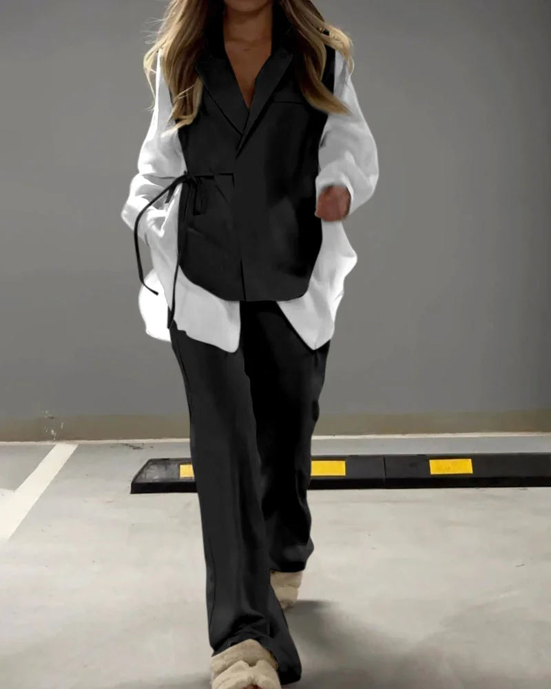 Şifon Detaylı Bağcıklı Gömlek & Pantolon Takım