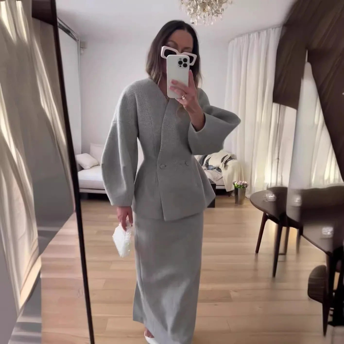 V Yaka Şık Blazer Ceket & Midi Etek Takım