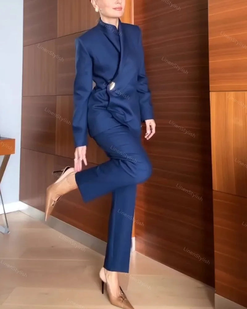 Şık Gold Düğme Detaylı Blazer Ceket & Pantolon Takım