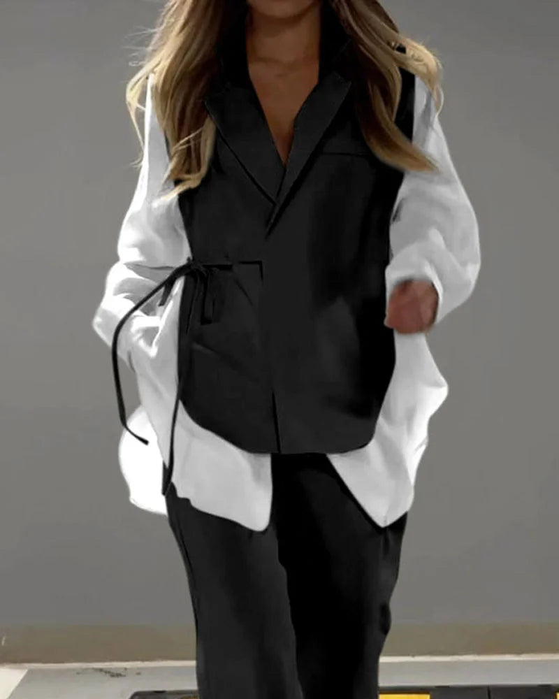 Şifon Detaylı Bağcıklı Gömlek & Pantolon Takım