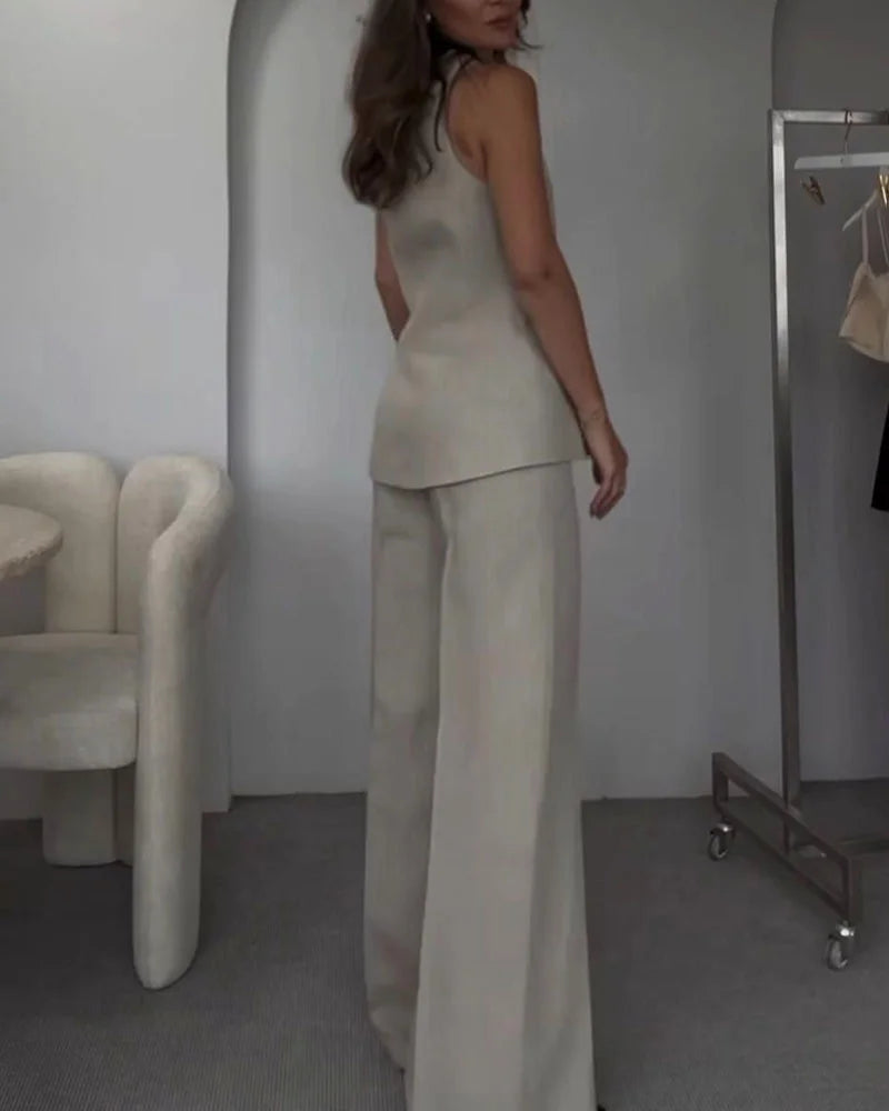 V Yaka Yelek & Geniş Paça Yüksek Bel Pantolon Takım