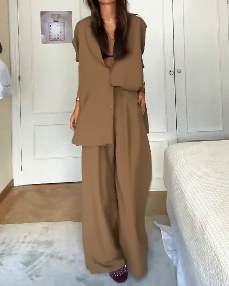 Uzun Kol Gömlek & Yüksek Bel Geniş Paça Pantolon Takım