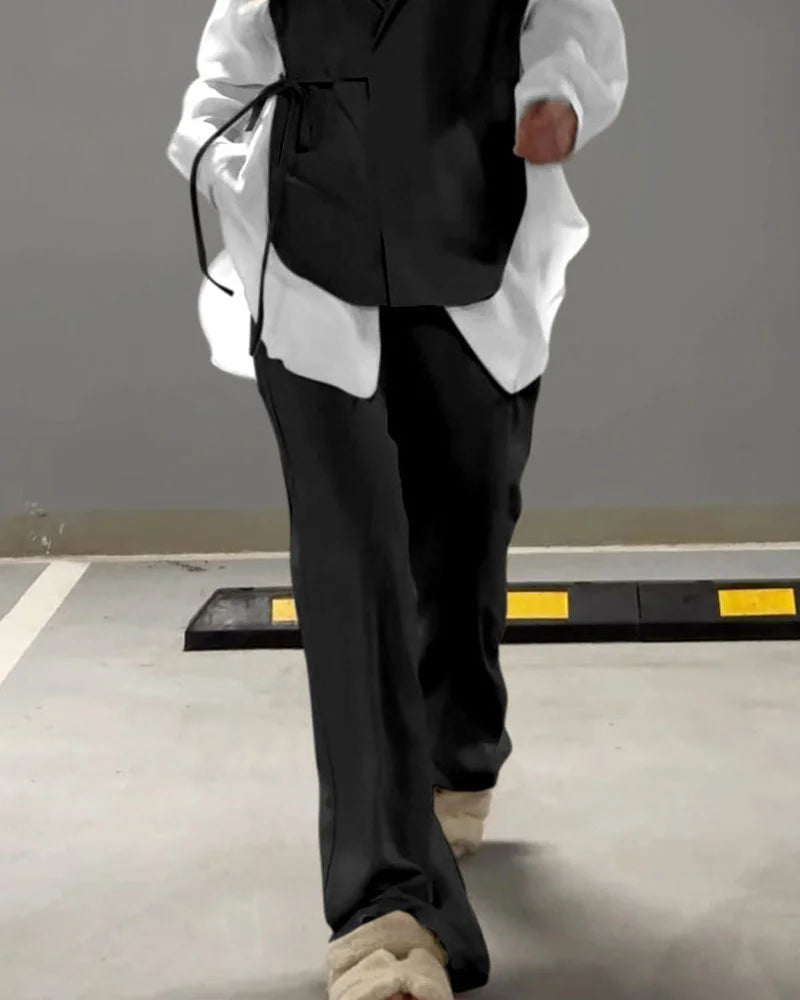 Şifon Detaylı Bağcıklı Gömlek & Pantolon Takım