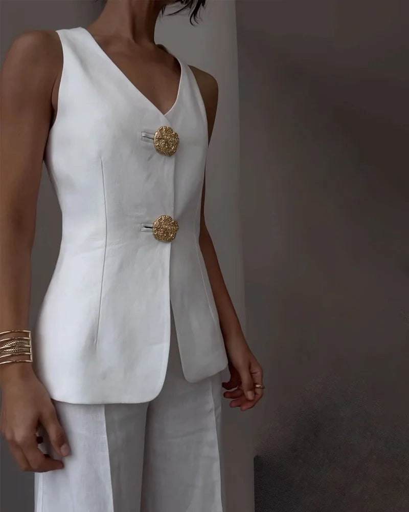 V Yaka Yelek & Geniş Paça Yüksek Bel Pantolon Takım