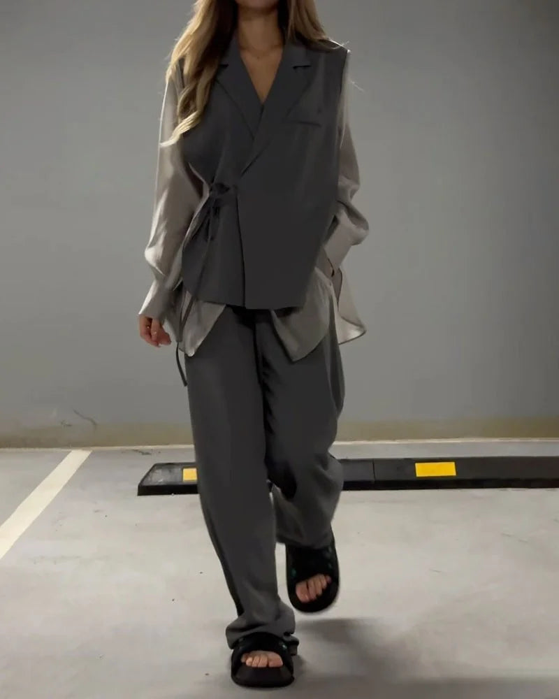 Şifon Detaylı Bağcıklı Gömlek & Pantolon Takım