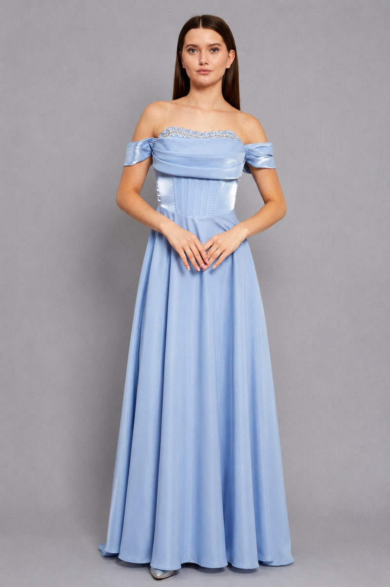 Victoria Maxi Elbise - Bebek Mavisi - Mivora Moda