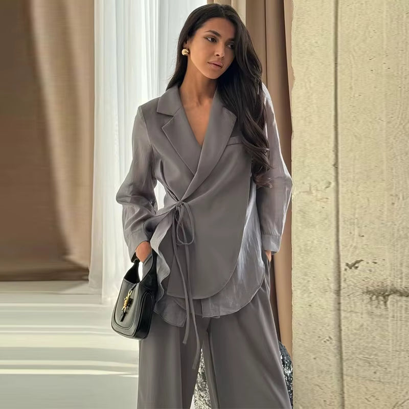 Şifon Detaylı Bağcıklı Gömlek & Pantolon Takım