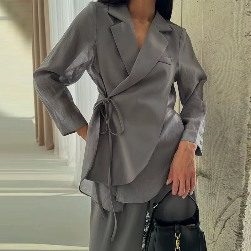 Şifon Detaylı Bağcıklı Gömlek & Pantolon Takım