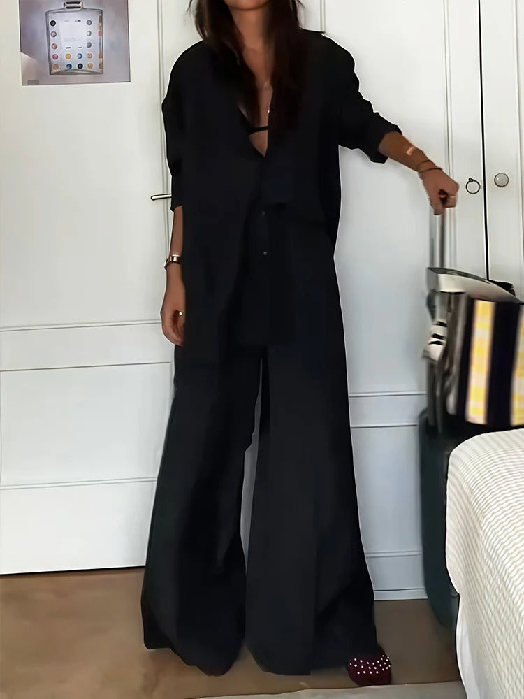 Uzun Kol Gömlek & Yüksek Bel Geniş Paça Pantolon Takım