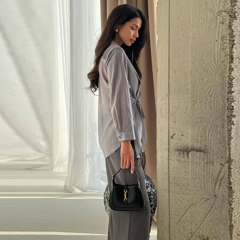 Şifon Detaylı Bağcıklı Gömlek & Pantolon Takım