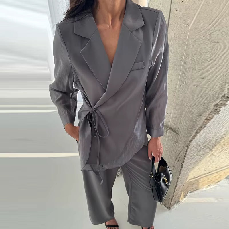 Şifon Detaylı Bağcıklı Gömlek & Pantolon Takım