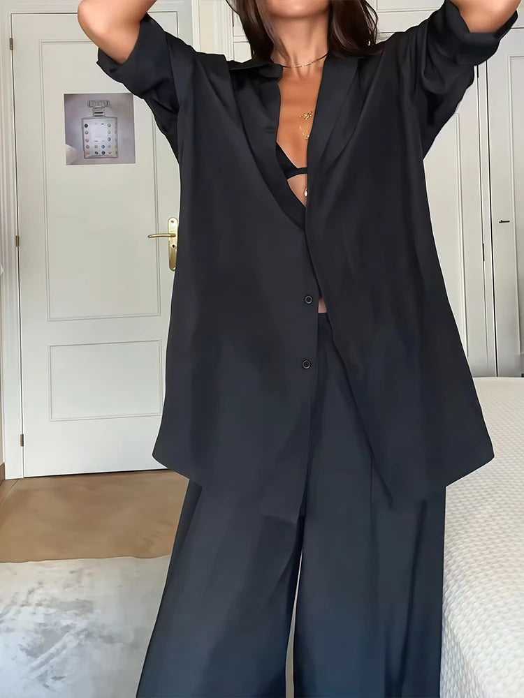 Uzun Kol Gömlek & Yüksek Bel Geniş Paça Pantolon Takım